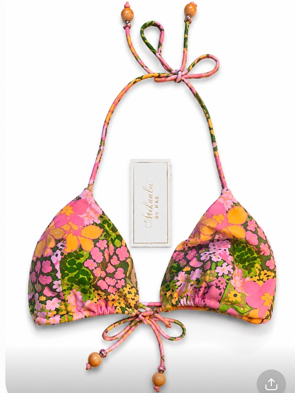 Shoshanna Pink Green Floral string Bikini Top with bead ties NWT Sz C/D